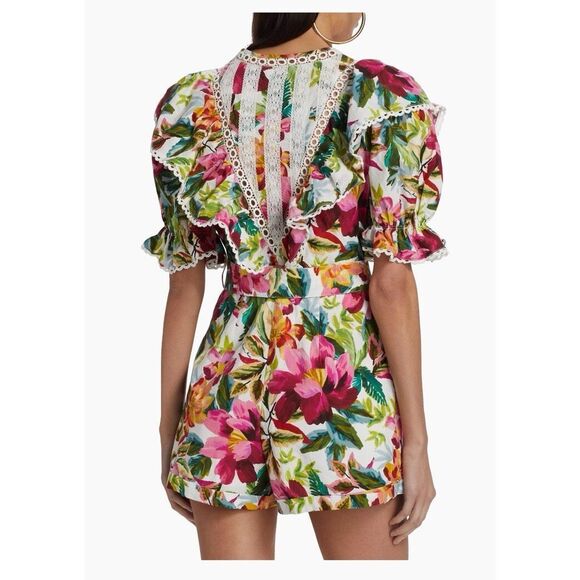 Farm Rio Women's Multicolor Floral Ruffle Belted V-Neck Romper Shorts Large NWOT - Picture 4 of 11